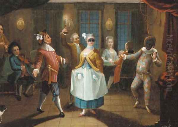 Elegant figures dancing in an interior with a harlequin Oil Painting by Venetian School