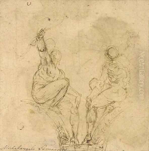 Two archers Design for a spandrel Oil Painting by Venetian School