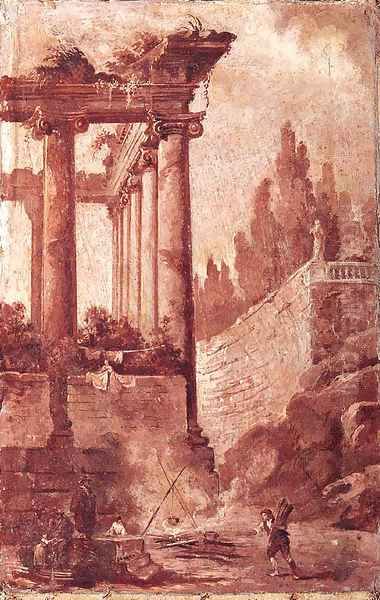 A Capriccio Of A Ruined Ionic Temple With Figures Before A Campfire Oil Painting by Venetian School