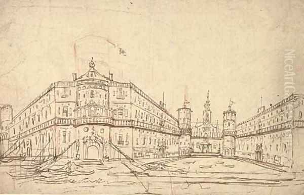 A fantastic palace by a canal Design for a theatre Oil Painting by Venetian School