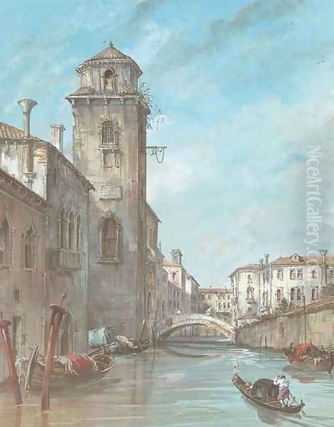 A view of a Venetian canal with a tower, a gondola in the foreground Oil Painting by Venetian School