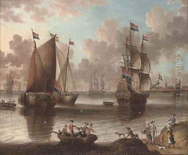 A Dutch warship and fishing vessels in a calm Oil Painting by Abraham Storck