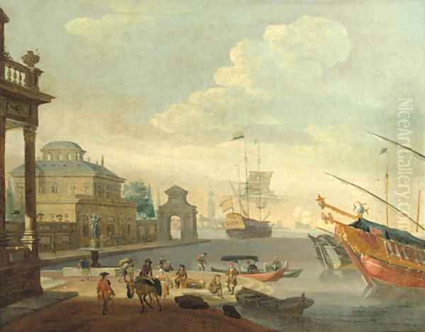 A Capriccio of a Mediterranean harbour with galleys and a merchantman Oil Painting by Abraham Storck