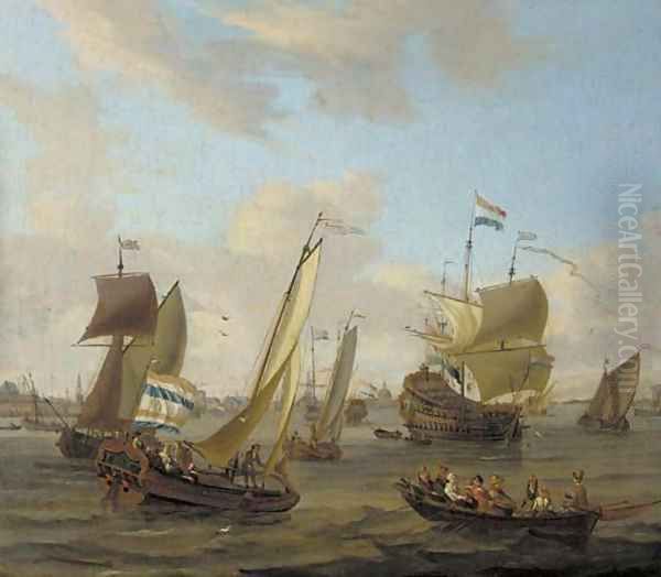 Shipping on the IJ off Amsterdam with a smalschip, a Dutch man-o'-war, and other vessels Oil Painting by Abraham Storck