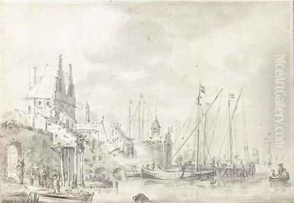 A busy harbour with figure loading a small boat Oil Painting by Abraham Storck