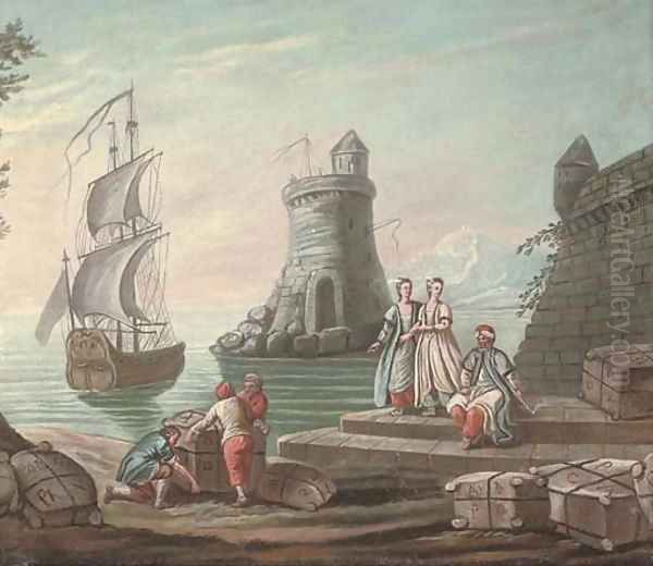 A Mediterranean harbour with elegant figures and fishermen by the quay, a ship and a lighthouse beyond Oil Painting by Abraham Storck