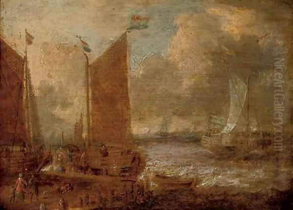 A harbour scene with shipping and steverdores on the quay Oil Painting by Abraham Storck