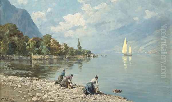 Washerwomen on a North Italian lake Oil Painting by Ferdinando Silvani