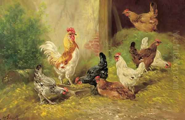 A cockerel and chickens in a farmyard Oil Painting by Henri Schouten