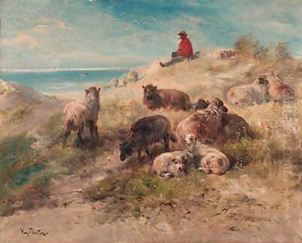 A shepherd and flock resting in the dunes Oil Painting by Henri Schouten