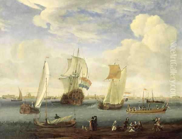 A view of the IJ, Amsterdam, with elegant couples having a picknick on the shore in the foreground Oil Painting by Abraham Jansz. Storck