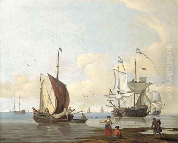 Dutch men'o-war and other shipping in calm seas, figures on a beach in the foreground Oil Painting by Abraham Jansz. Storck