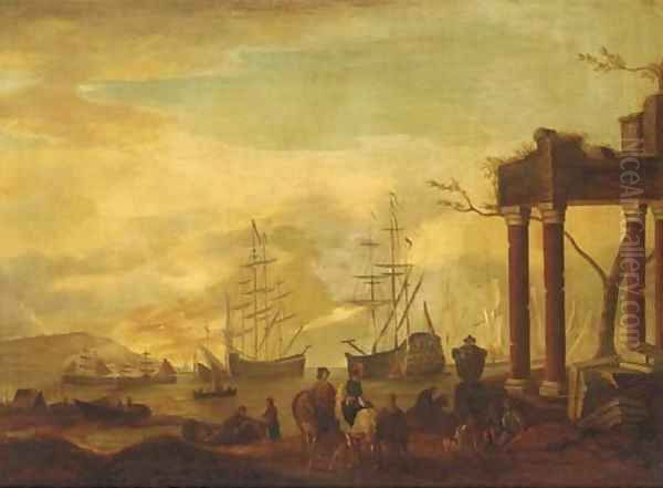 A Mediterranean coastal inlet with shipping and stevedores by classical ruins Oil Painting by Abraham Jansz. Storck