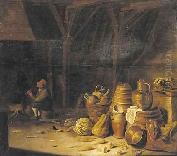 The interior of a barn with a peasant smoking a pipe by a fireside Oil Painting by Pieter van Steenwyck