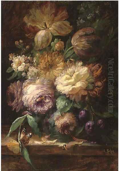 Roses and tuplips in a vase, with plums, a bee and butterfly on a stone ledge Oil Painting by Louis Silas