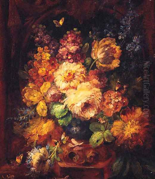 Peonies And Delphiniums With Butterflies, In An Urn In An Niche Oil Painting by Louis Silas