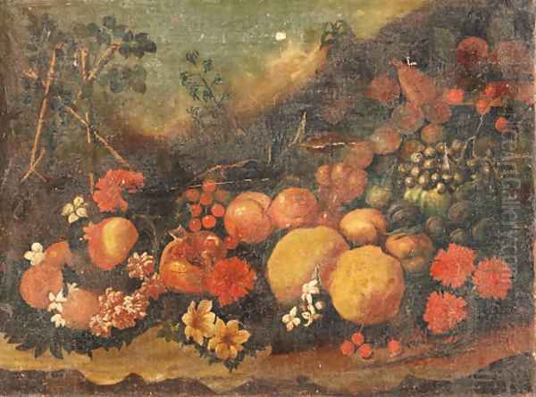 Pomegranates, apples, grapes and other fruit and flowers on a forest floor Oil Painting by Roman School