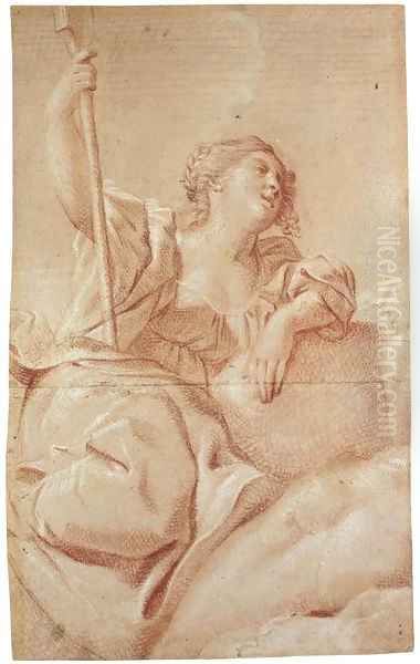 Fortune holding a rudder, seated on a cloud and looking to the right Oil Painting by Roman School