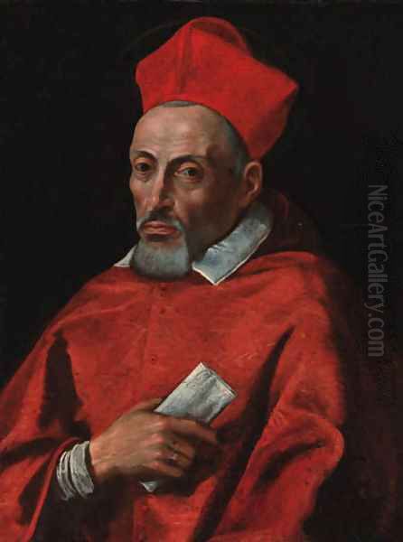 Portrait of Cardinal Robert Bellarmine, half-length, wearing red robes and holding a letter in his right hand Oil Painting by Roman School