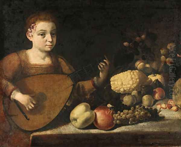 A girl playing a lute by a table laden with fruit Oil Painting by Roman School