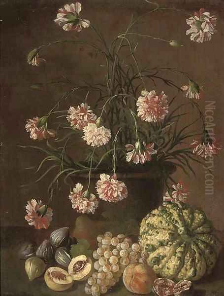 Carnations in a pot Oil Painting by Roman School