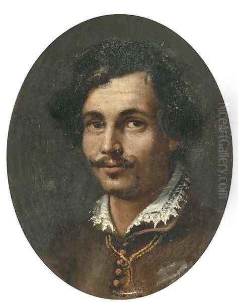 Portrait of a gentleman, bust-length, in a brown jacket and white collar Oil Painting by Roman School