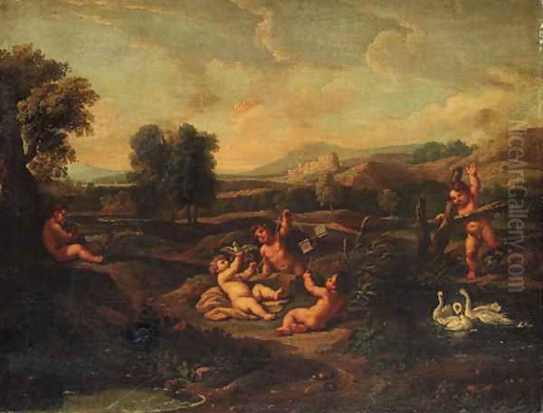 Putti disporting in landscapes Oil Painting by Roman School