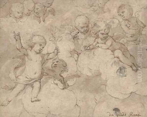 Putti playing on clouds Oil Painting by Roman School