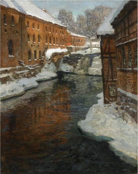 Fra Akerselven (the Akerselven River In The Snow) Oil Painting by Fritz Thaulow