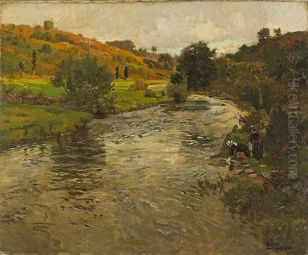 A River Landscape With Two Washerwomen On Theriver Bank Oil Painting by Fritz Thaulow