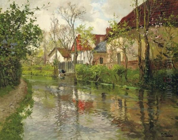 Cottages By A River Oil Painting by Fritz Thaulow