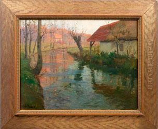 Nordfranzosische Herbstlandschaft Mit Kleinem Fluss Oil Painting by Fritz Thaulow