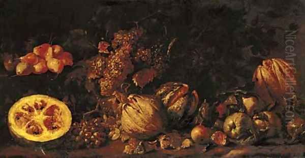 A still life with melons, pears, grapes and pomegranates Oil Painting by Roman School