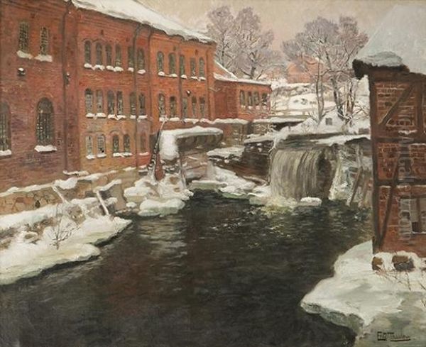 Factories Byakerselven, Snow Oil Painting by Fritz Thaulow