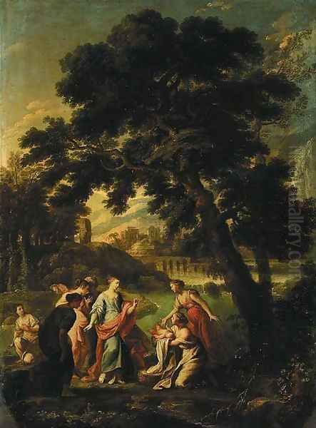 A wooded river landscape with the Finding of Moses, a city and mountains beyond Oil Painting by Roman School