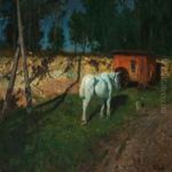 White Horse In Front Of A Red Workmen's Hut, Evening Light, France Oil Painting by Fritz Thaulow