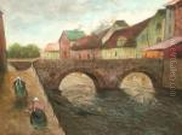 Figures Along A Village Canal Oil Painting by Fritz Thaulow