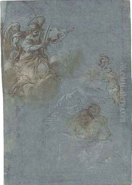 An angel playing a violin and two saints seated among clouds Oil Painting by Roman School