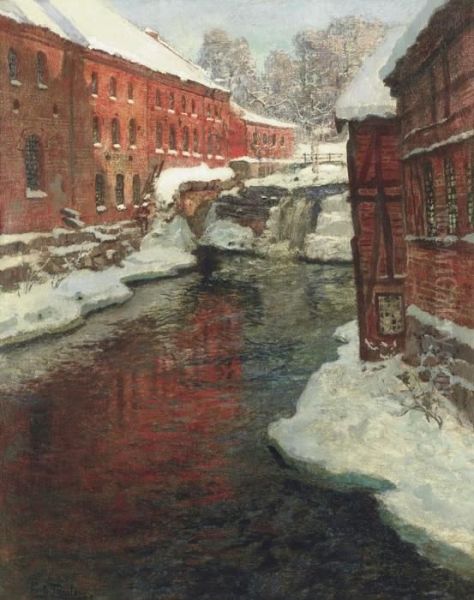 Snodekt By Med Elv Og Foss (snow-covered Town With Waterfall) Oil Painting by Fritz Thaulow