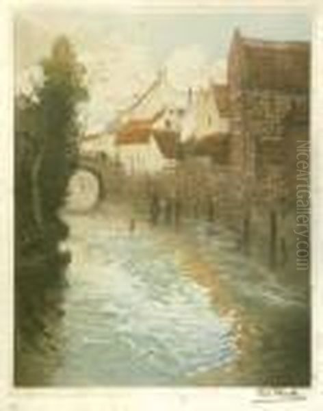 [vieilles Maisons Avec Un Pont A L'arriere-plan]. Oil Painting by Fritz Thaulow