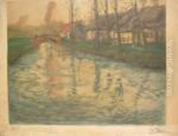 Pont Sur Le Canal, Gravure 
Couleur, Signee En Bas A Droite, Porte Un Numero 53 En Bas A Gauche, 
Piqures Et Accidents, Timbre A Sec Georges Petit Editeur, 56 X 69 Cm Oil Painting by Fritz Thaulow