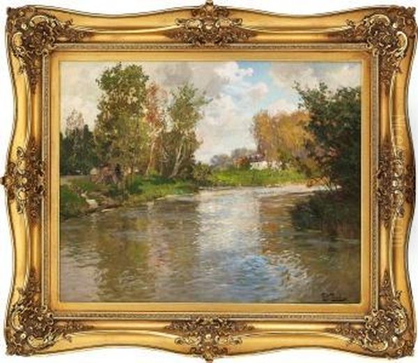 Fransk Elvelandskap Oil Painting by Fritz Thaulow