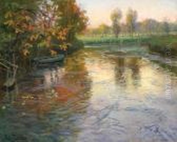 Elvelandskap Med Bat Pastell Oil Painting by Fritz Thaulow