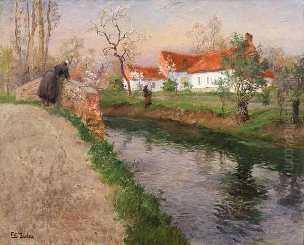 Elvelandskap Med Kvinner Og Barn Olje Pa Lerret Oil Painting by Fritz Thaulow