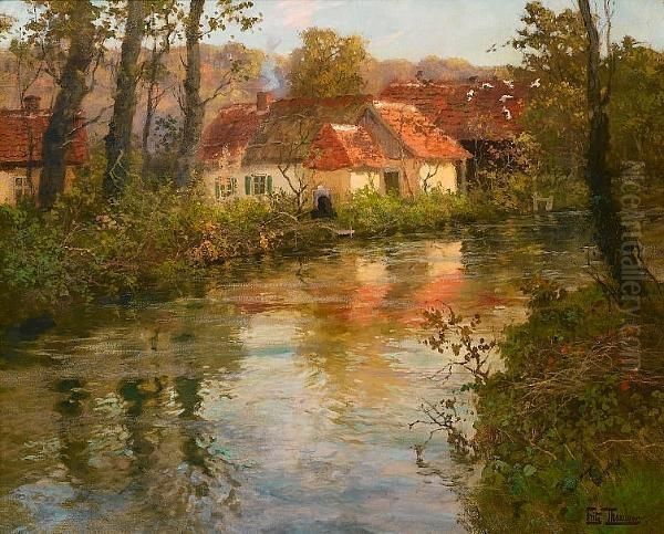 River At Manehouville Oil Painting by Fritz Thaulow