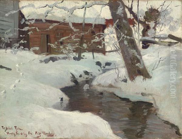 A Snow-covered Cottage By A Stream by Fritz Thaulow