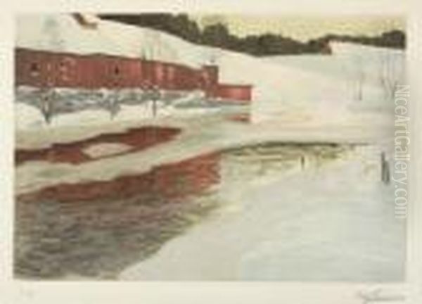 Winter Landscape With A Red Barn Near A River Oil Painting by Fritz Thaulow