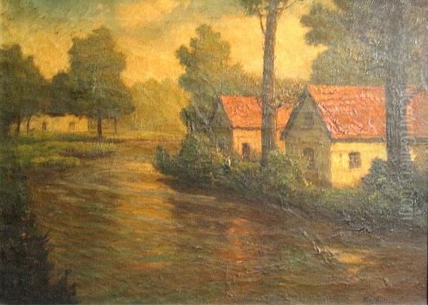 Cottages On A River Oil Painting by Fritz Thaulow