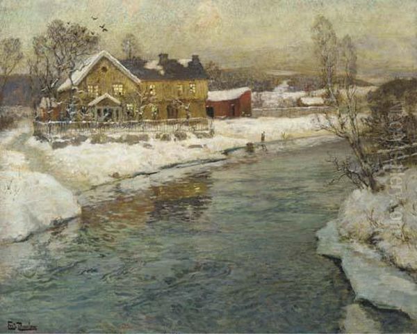 A Cottage By A Canal In The Snow Oil Painting by Fritz Thaulow