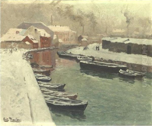 A Snowy Harbor View Oil Painting by Fritz Thaulow